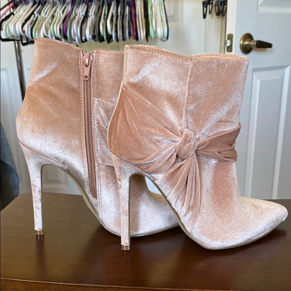 JustFab Velvet Heeled Boots with Bow Detail
